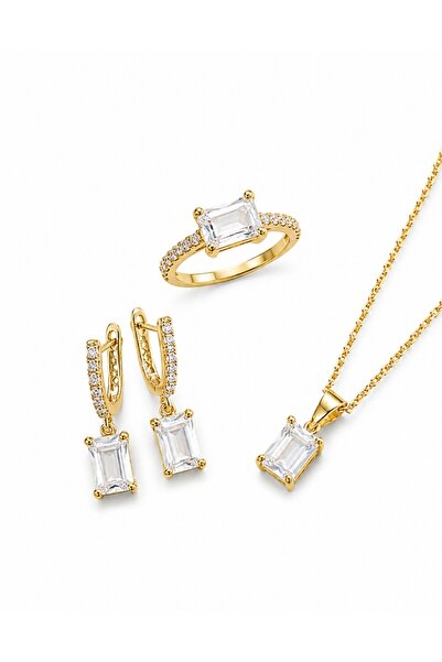 byess 925 Ayar Baget Taşlı Kolye Küpe Yüzük Gümüş Set