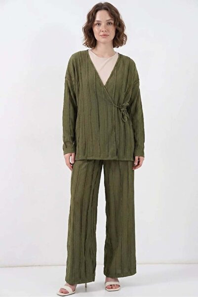 ALFA AKSESUAR 03 Women's V-Neck High Waist Vertical Striped Khaki Two-Piece Set
