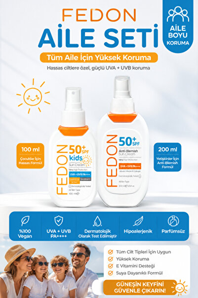 fedon Aile Güneş Kremi Seti SPF 50+ Güneş Kremi 200 ml + Kids SPF 50 Çocuk Gü...