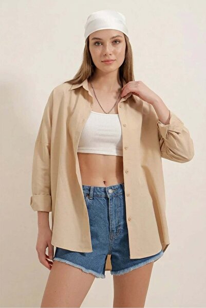 ALFA AKSESUAR 03 Women's Oversize Cut Basic Cotton Beige Shirt