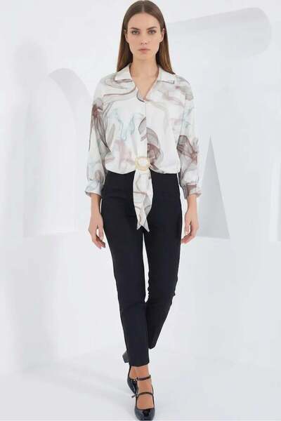 ALFA AKSESUAR 03 Women's Crop Oversize Patterned Satin Brown Shirt
