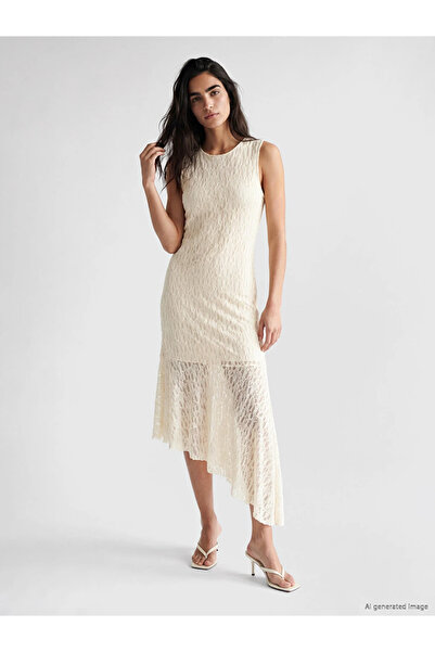 LC Waikiki White Crew Neck Asymmetrical Cut Lace Dress