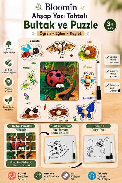 Bloomin Ahşap Eğitici Bultak & Puzzle Oyuncak Ve Yaz Sil Yazı Tahtası Bebek Ç...
