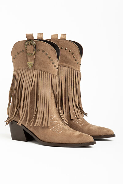 DENORA Mink Camel Matte Suede Tasseled Buckle Western Cowboy Boots