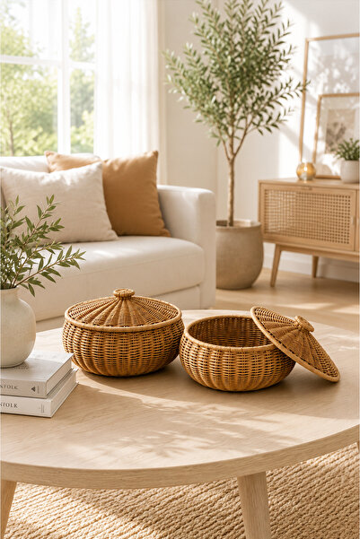 KaiHome Natural Rattan Wicker Organizer Basket Set of 2 Decorative Boxes with...