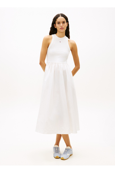 Tommy Jeans Ekru Kadın Yuvarlak Standart Elbise TJW RIB POPLIN TANK DRESS EXT