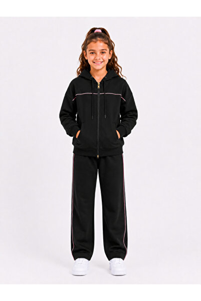 Marco Ferry Girl's Cotton Hooded Tracksuit Set Black-26102