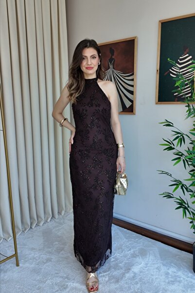 MEECY Rochie cu model sclipitor și decolteu tip halter
