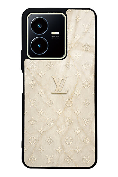 Spoyi Vivo Y22s Krem Gold LV Tasarımlı Glossy Telefon Kılıfı