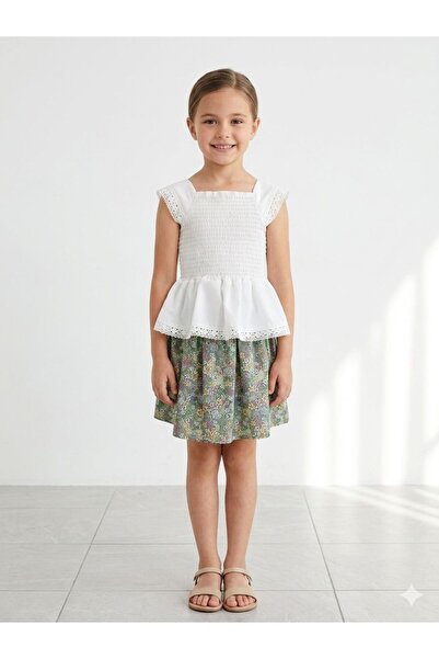 Kidscocuk Girl's 3-Piece Set Floral Skirt Cotton Poplin Blouse with Belt Summ...
