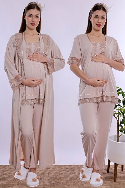 ByLohusa Cotton Long Robe Maternity Postpartum Breastfeeding Pajama Set Effor...