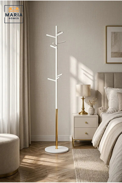 MARIA HOMES Modern Freestanding Coat Rack with White and Gold Finish – Contem...