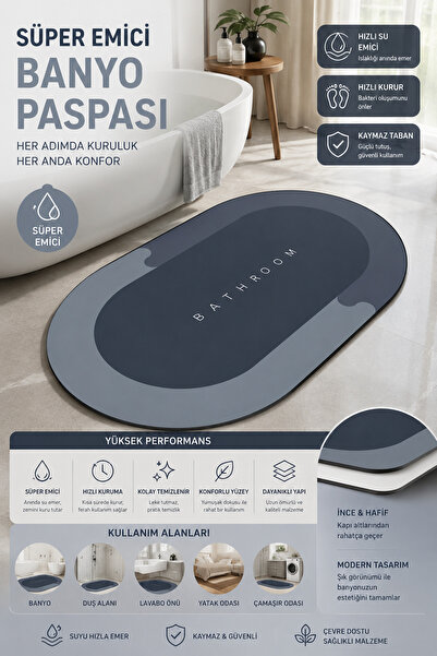GÖZDE AKKURT Süper Emici Banyo Paspası Kaymaz Taban Hızlı Kuruyan Yumuşak Dok...