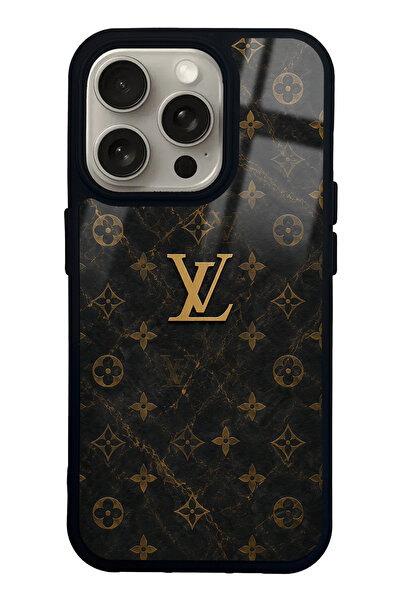 Spoyi iPhone 15 Pro Black Mermer Gold LV Tasarımlı Glossy Telefon Kılıfı