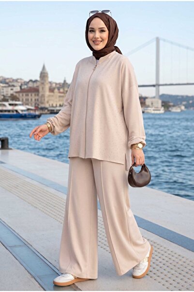 EBRUTESETTÜR Taşlı Fermuarlı Tunik Pantolon İkili Takım Bej