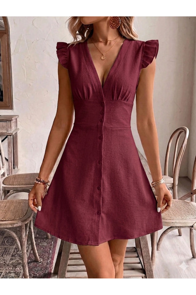 ladyzey Women's Burgundy V-Neck Front Buttoned High Waist Short Dress