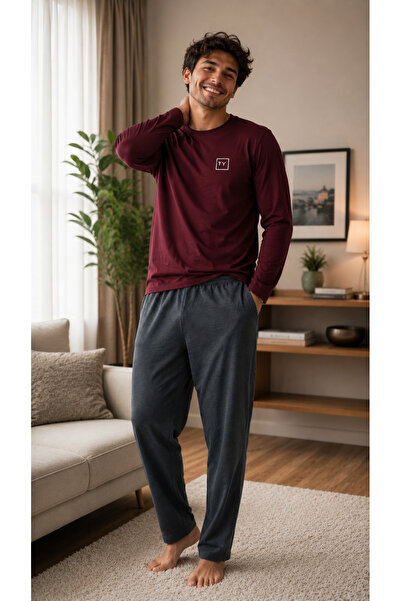 SERPİL Men's Long Sleeve Pajama Set Burgundy Anthracite Comfortable Home and ...