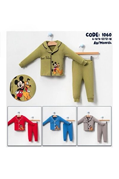 Yağmur Giyim Dlşp Green Mickey Printed 100% Cotton Baby Pajama Set 1060-Y