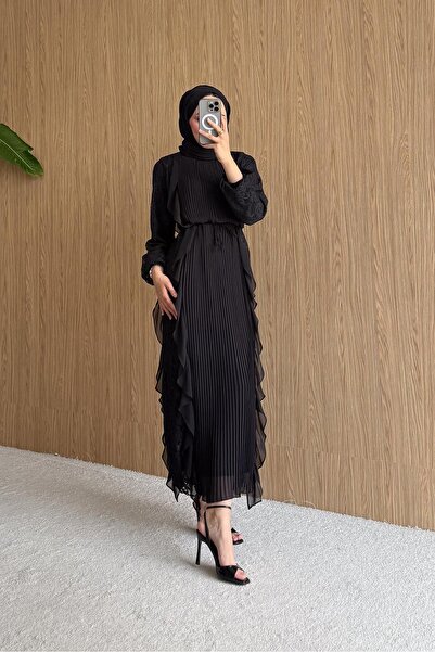 Rimel Moda Piliseli Dantelli Elbise Siyah