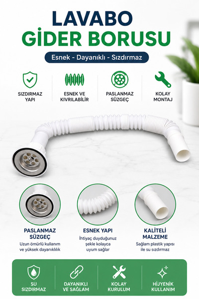 Dihamer Esnek Lavabo Gider Borusu + Hediye Lavabo Süzgeci