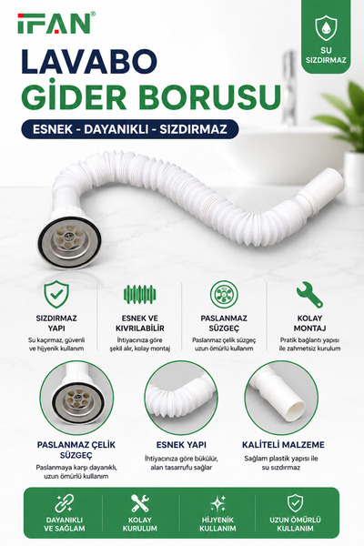 Dihamer Esnek Lavabo Gider Borusu + Hediye Lavabo Süzgeci