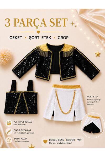 dilaydamla kids K-Pop Rumi Themed Costume Sequined Jacket & Shorts & Skirt & Crop Set