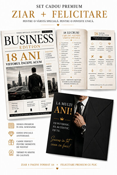 OEM Set Cadou 18 Ani pentru Băiat – Ziar Aniversar Personalizat A4 + Felicita...