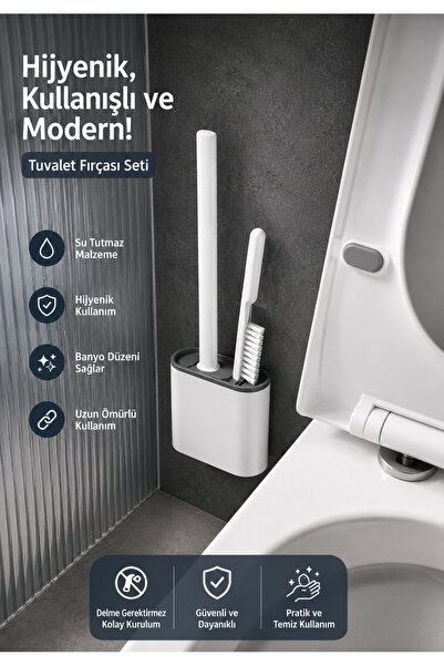SYN AKSESUAR Çift Bölmeli Tuvalet Fırçası Seti – Silikon Başlıklı Banyo Temiz...
