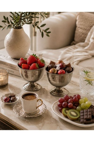 RoyalDecorHome 2-Piece Silver Color Metal Footed Snack Bowl, Ice Cream Bowl & Turkish Delight Bowl - Patterned Presentation Bowl