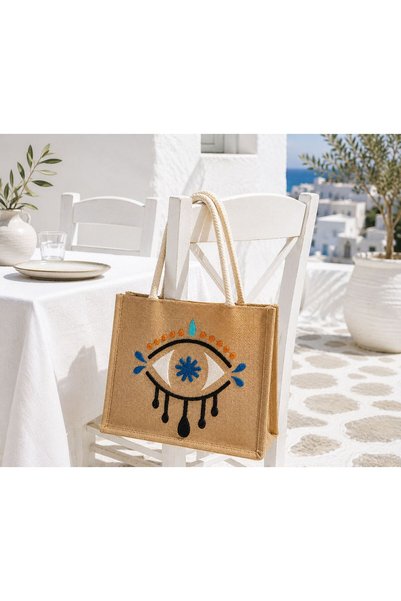 modekamoda Natural Jute Shopping, Shoulder, Arm, Beach Bag, Straw Colored with Evil Eye Embroidery 42X12X35