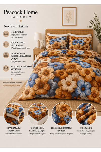 Peacock Set cuvertură de pilota 5D pentru pat dublu, 100% bumbac (cu cearșafu...