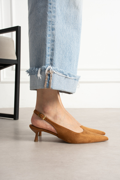 es exello Bella Open Back 4 cm Tan Suede Stiletto