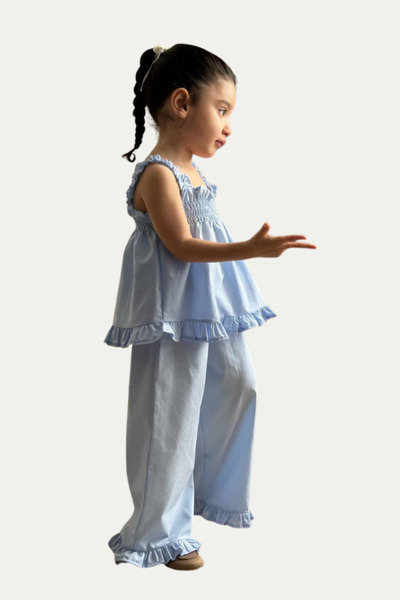 NOBLEKIDS Girl's ruffle detail blouse and pants set - blue