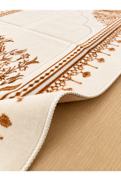 Pamuklife Luxury Velvet Woven Prayer Rug with Soft Texture and Fringed Mihrab Pattern Mustard