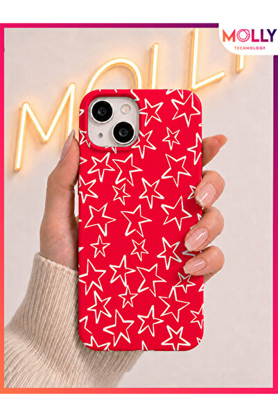 Molly iPhone 13 / 14 İçin Neon Pembe Yıldız Eskizi Desenli İçi Kadife Silikon...