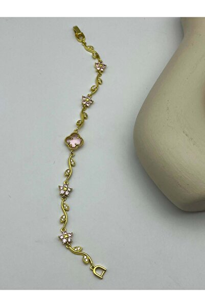 BİJU YILMAZ Gold color pink stone clover bracelet - 26blks18