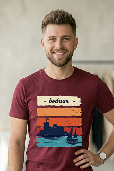 Baran Işık Retro Printed Unisex White T-Shirt with the Image of the Bodrum Ca...