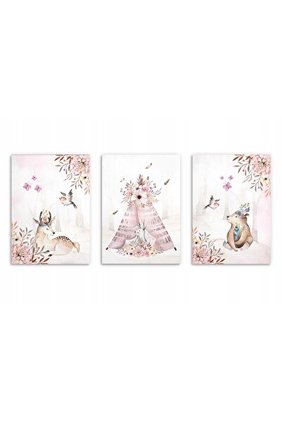 Naklejkomania Postere pentru copii, Set padure boho roz pastel 50x70cm