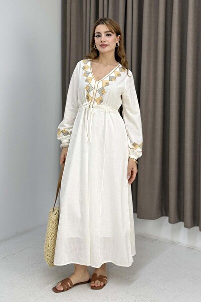 Raneel Kazançlı Alışveriş Women's Unlined Waist-Tie V-Neck Dress