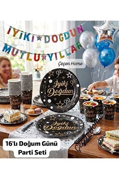 ÇEÇEN HOME 32 Piece Birthday Set, 16-Piece Birthday Plate and 16-Piece Birthd...