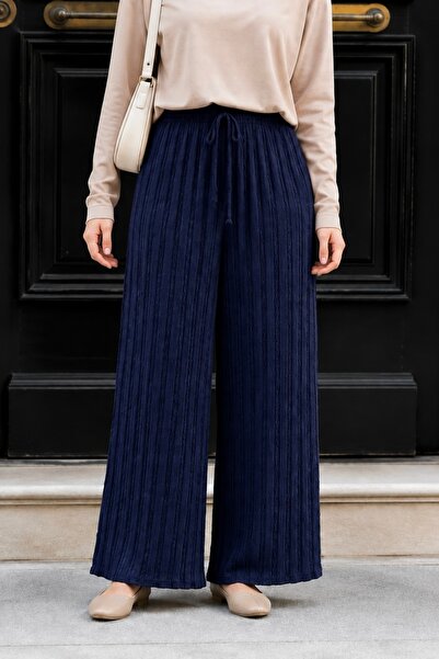 İmajButik Navy Blue Elastic Waist Wide Leg Seersucker Trousers