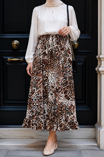 İmajButik Tan Color Elastic Waist Patterned Viscose Skirt