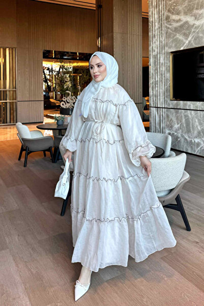 İmajButik فستان كريمي بأكمام بالون وربطة خصر