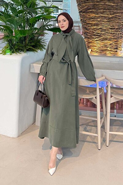 lamelif Scarf Tie Detail Dress Khaki