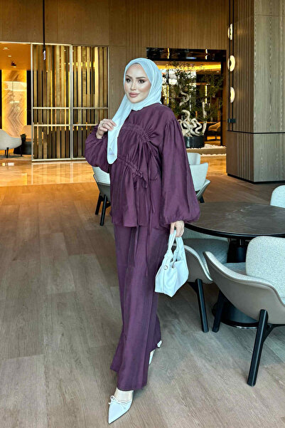 İmajButik Plum Lace Detailed Tunic and Trousers Set