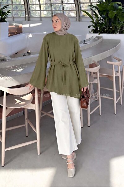 lamelif Asymmetrical Cut Shirt with Tie Detail, Green