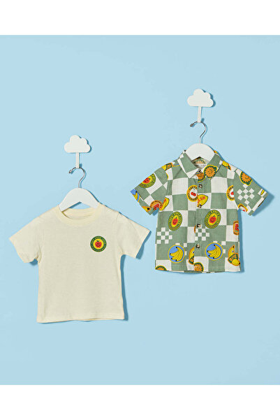 REDTAG Infant Boys White Printed 2 Pieces Shirts Set
