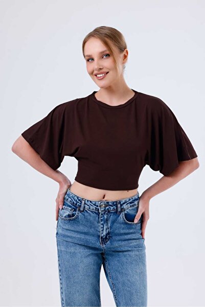ONE WEAR Women's Waist-Fitted Wide Bat Sleeve Natural Viscose Blouse