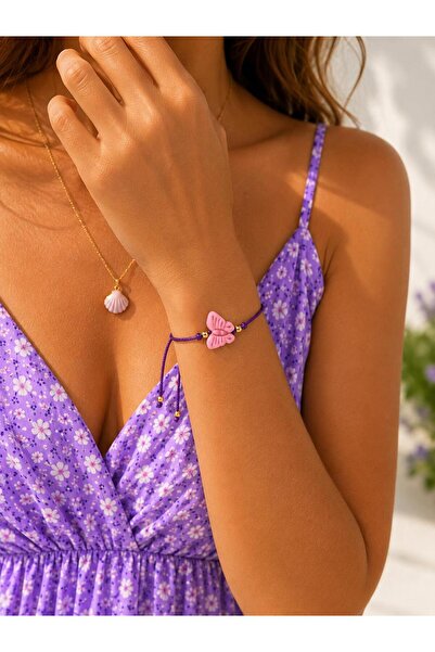 maycollection Pink Butterfly Purple Rope Bracelet