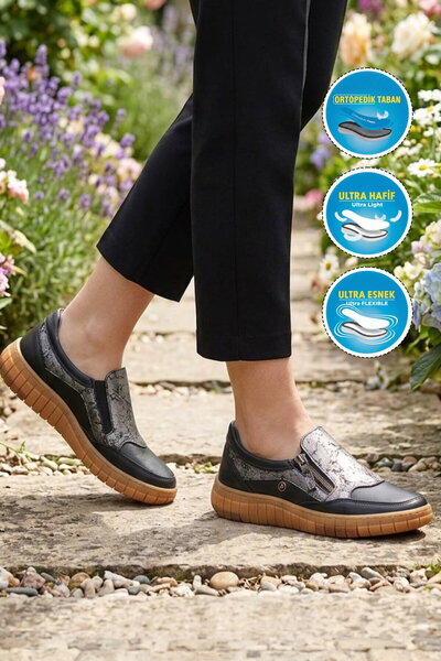AYAKMOD Black Patterned Genuine Leather Orthopedic Women's Casual Shoes 420 L...